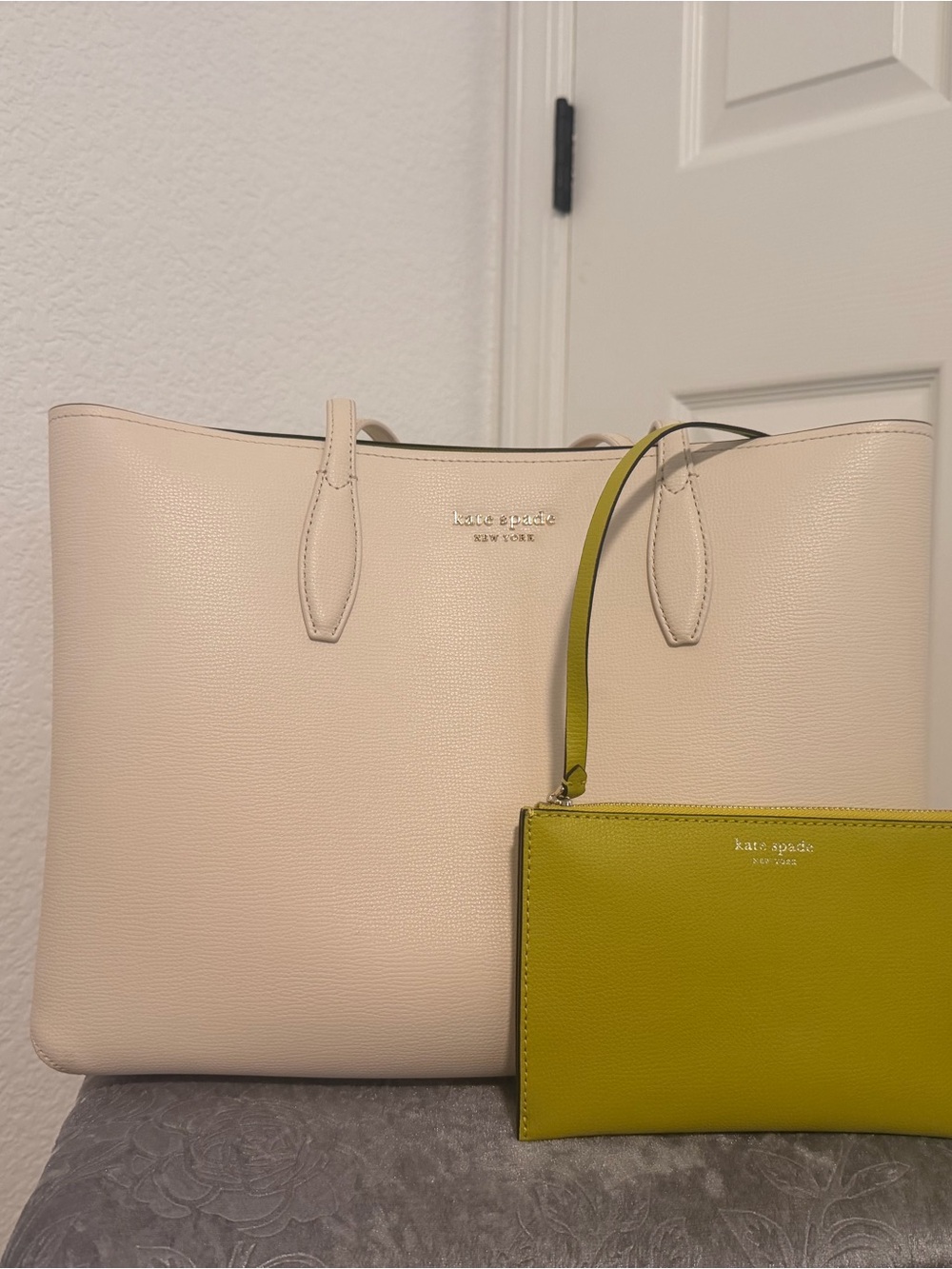 kate spade cream leather tote with lime green wristlet
